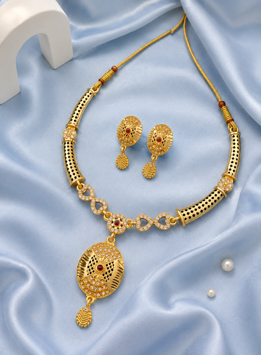 Royal Gold-Tone Necklace & Matching Earrings Set with Red Stone Detailing