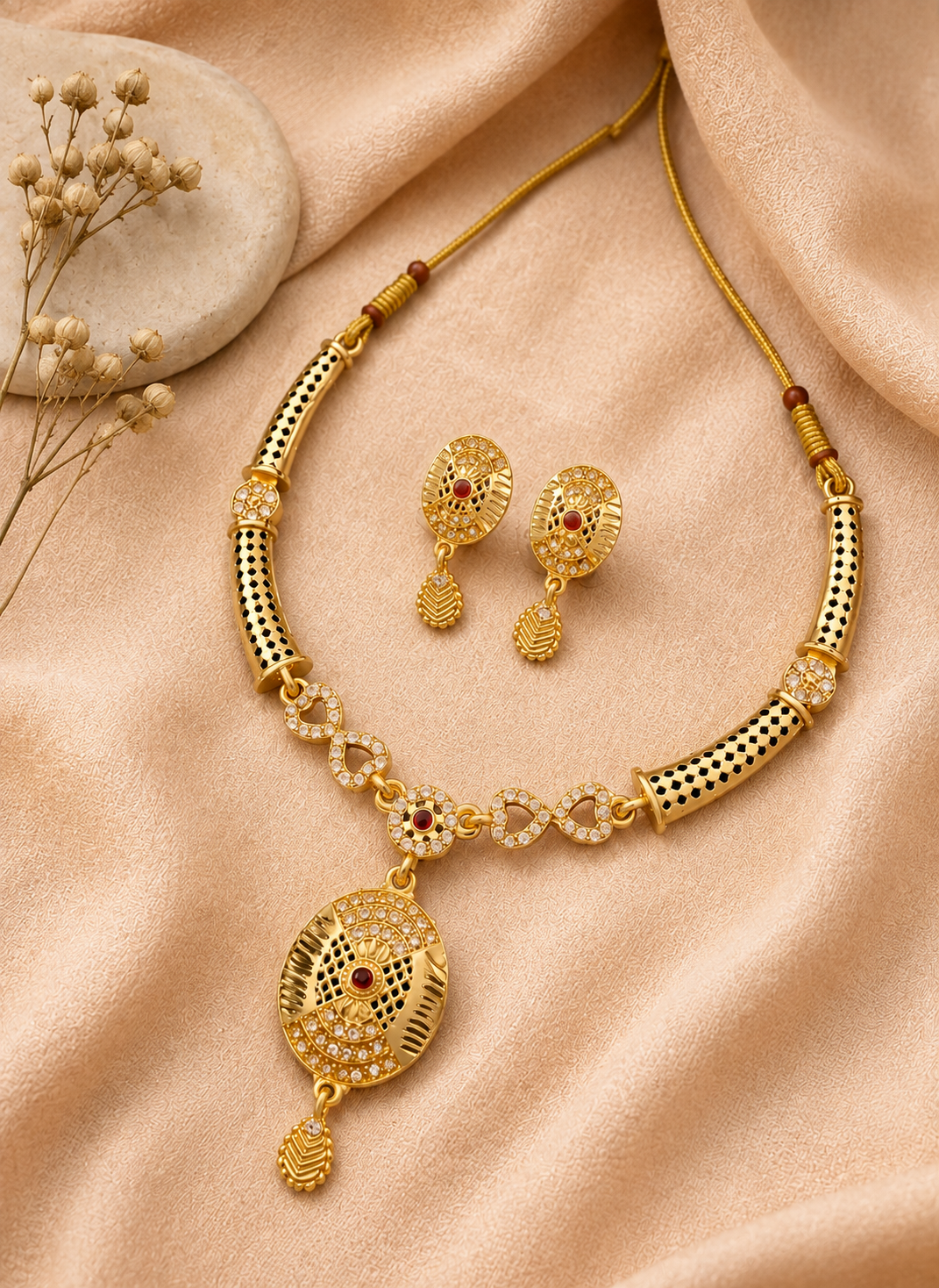 Royal Gold-Tone Necklace & Matching Earrings Set with Red Stone Detailing