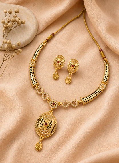 Royal Gold-Tone Necklace & Matching Earrings Set with Red Stone Detailing