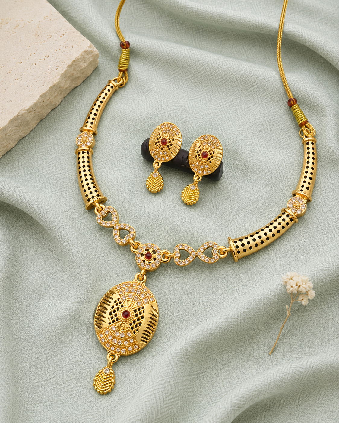 Royal Gold-Tone Necklace & Matching Earrings Set with Red Stone Detailing