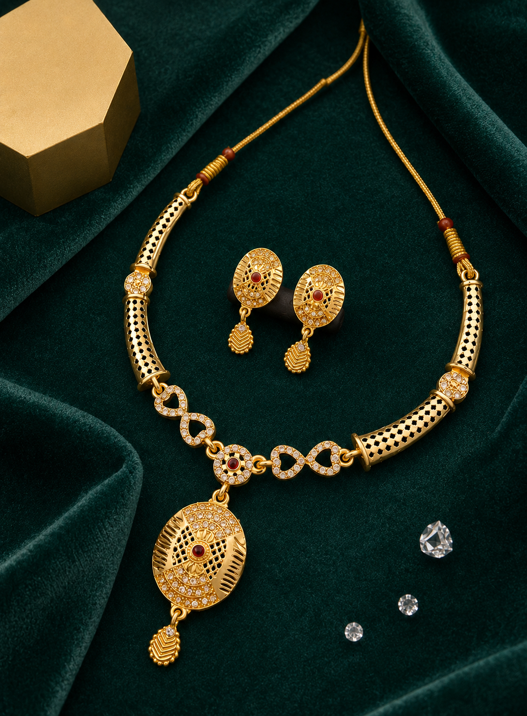 Royal Gold-Tone Necklace & Matching Earrings Set with Red Stone Detailing