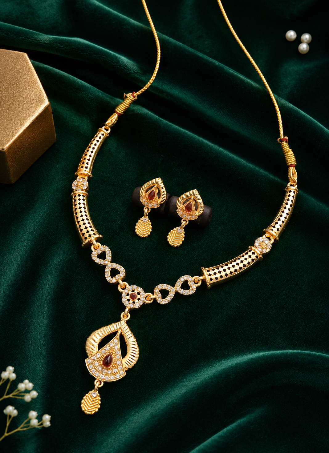 Elegant Gold-Plated Pendant Necklace & Matching Earrings Set with Red Stone Detailing