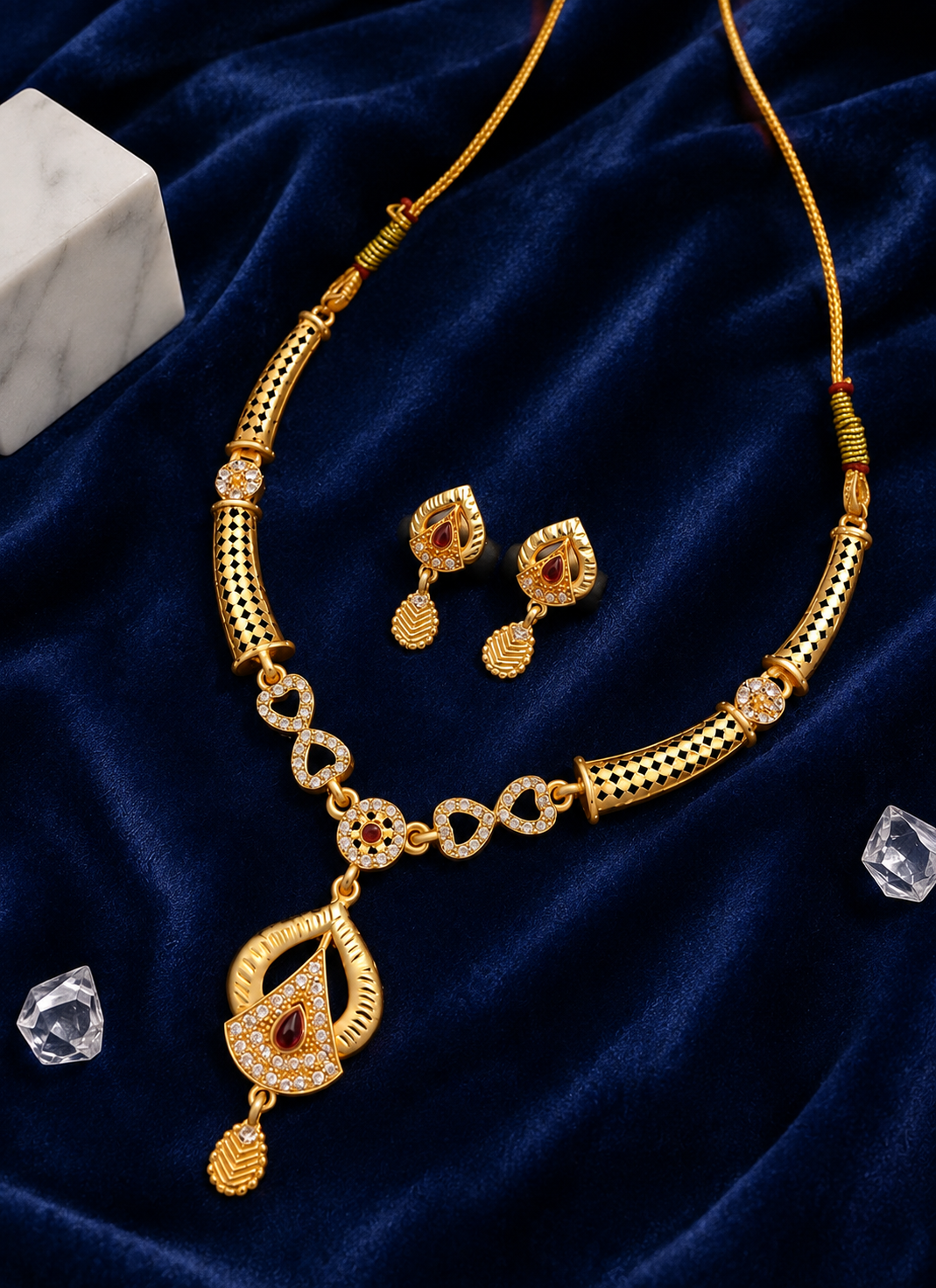 Elegant Gold-Plated Pendant Necklace & Matching Earrings Set with Red Stone Detailing
