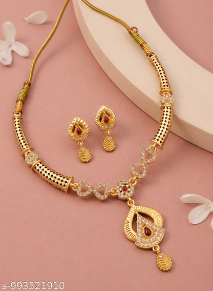 Elegant Gold-Plated Pendant Necklace & Matching Earrings Set with Red Stone Detailing