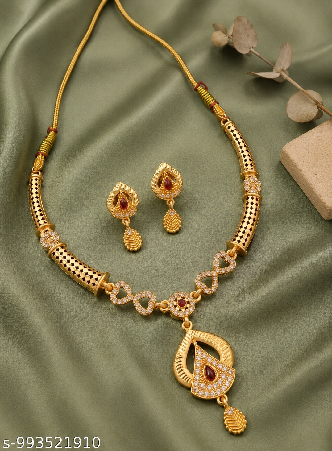 Elegant Gold-Plated Pendant Necklace & Matching Earrings Set with Red Stone Detailing