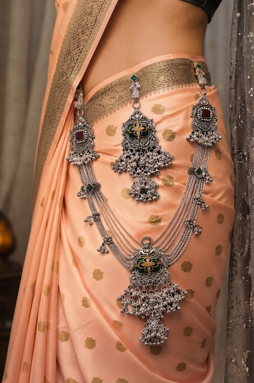 Oxidised Silver Floral Green Stone Multi-Layer Necklace Set with Matching Earrings
