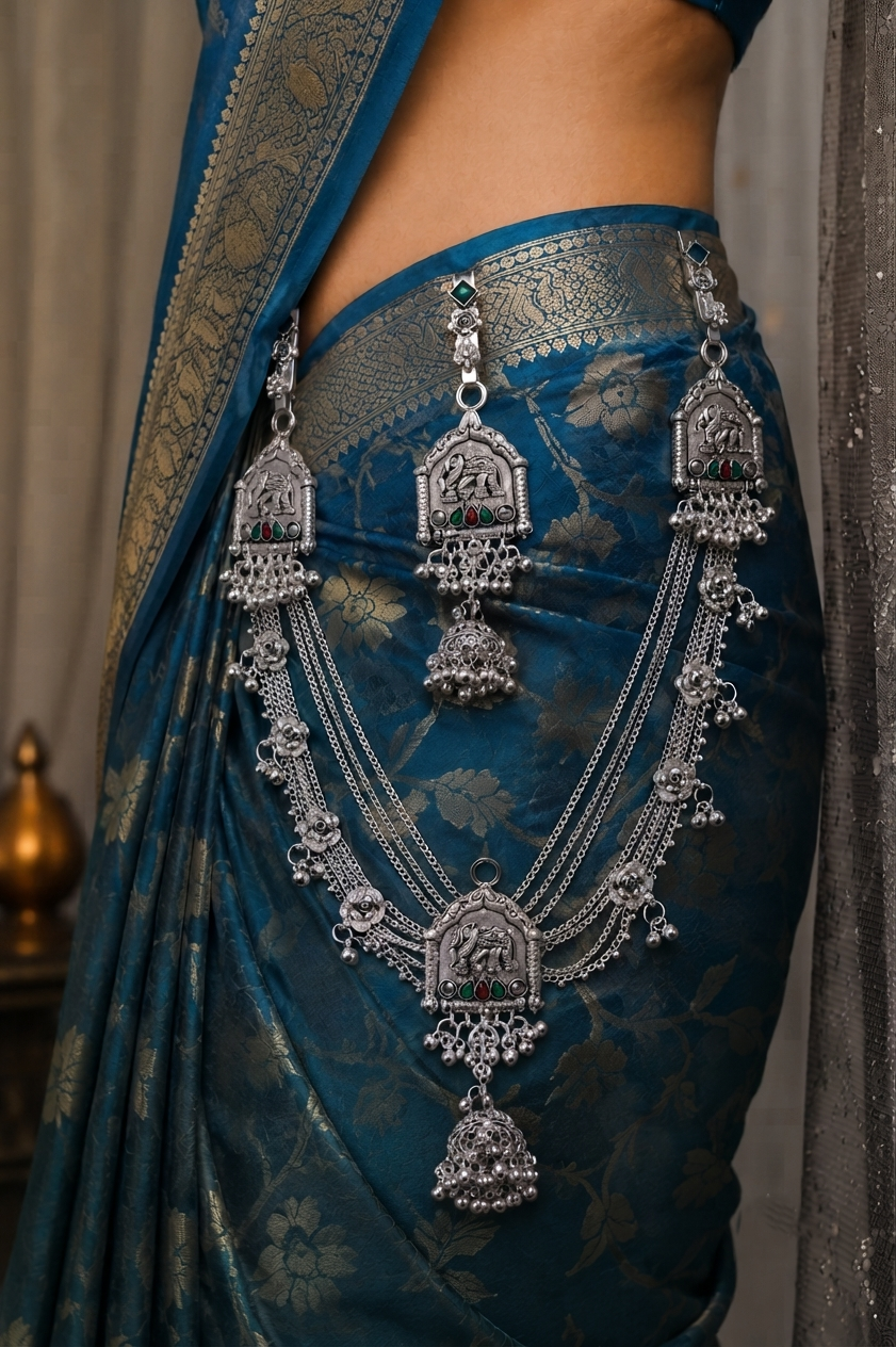 Traditional Oxidized Silver Elephant Motif Kamarbandh – Multilayer Waist Belt with Green & Red Stone Accents
