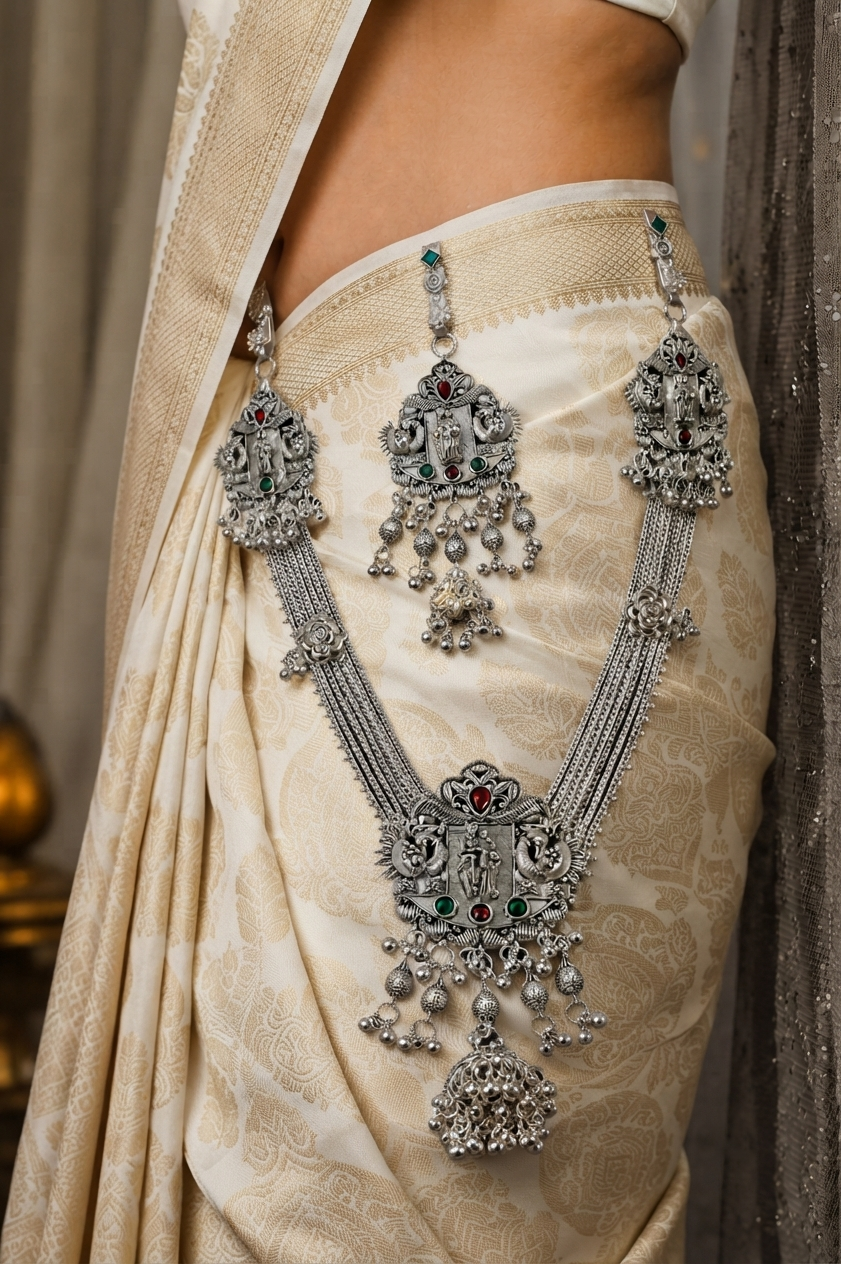 Oxidised Silver Temple Art Kamarbandh & Kamarchalla Set with Peacock and Goddess Motifs