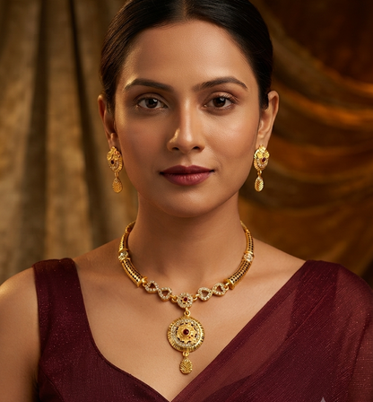 Royal Gold-Plated Floral Ruby Necklace & Earrings Set
