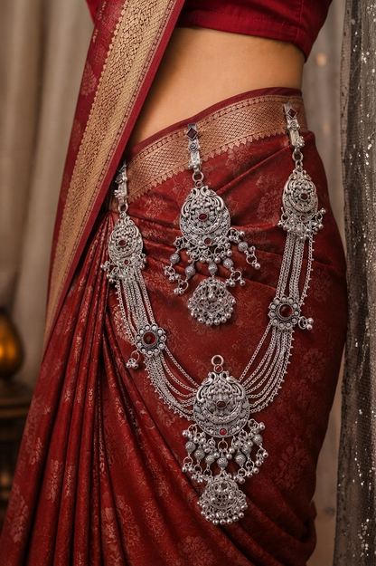 Traditional Oxidised Silver Designer Kamarbandh with Green & Red Stone Detailing