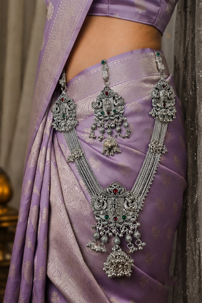 Oxidised Silver Temple Art Kamarbandh & Kamarchalla Set with Peacock and Goddess Motifs