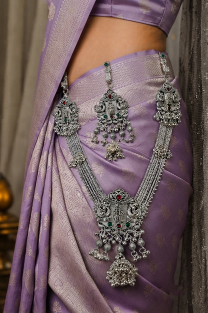 Oxidised Silver Temple Art Kamarbandh & Kamarchalla Set with Peacock and Goddess Motifs