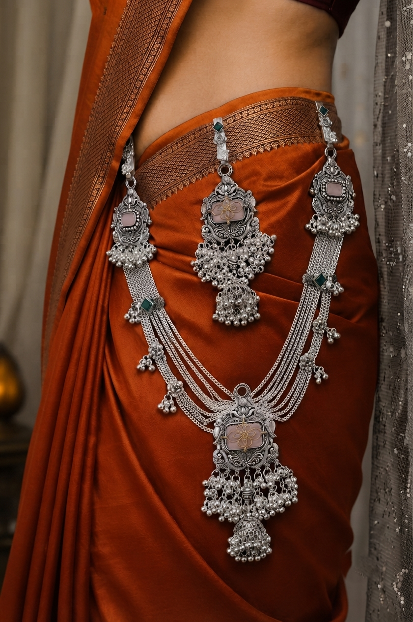 Premium Oxidised Silver Kamarbandh & Kamarchhalla Set with Pink Stone, Green Accents & Ghungroo Detailing