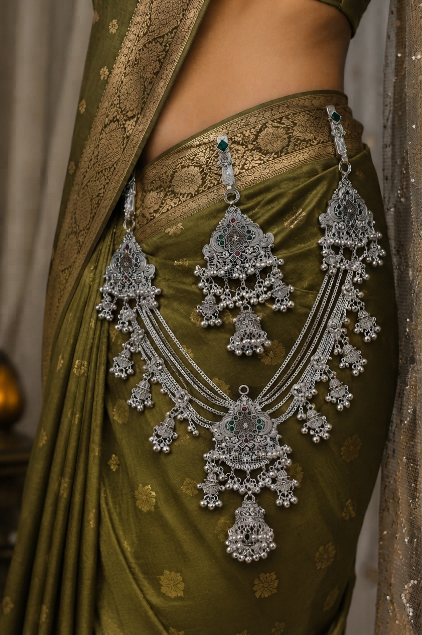 Traditional Oxidised Silver Multilayer Kamarbandh with Green & Red Stone Detailing