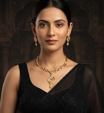 Elegant Gold-Plated CZ & Ruby-Accent Necklace Set with Matching Earrings