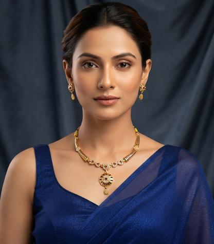 Elegant Gold-Plated Ruby Stone Necklace & Matching Drop Earrings Set