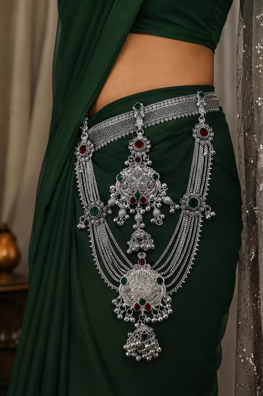 Traditional Silver Look Kamarbandh with Red & Green Stone Detailing