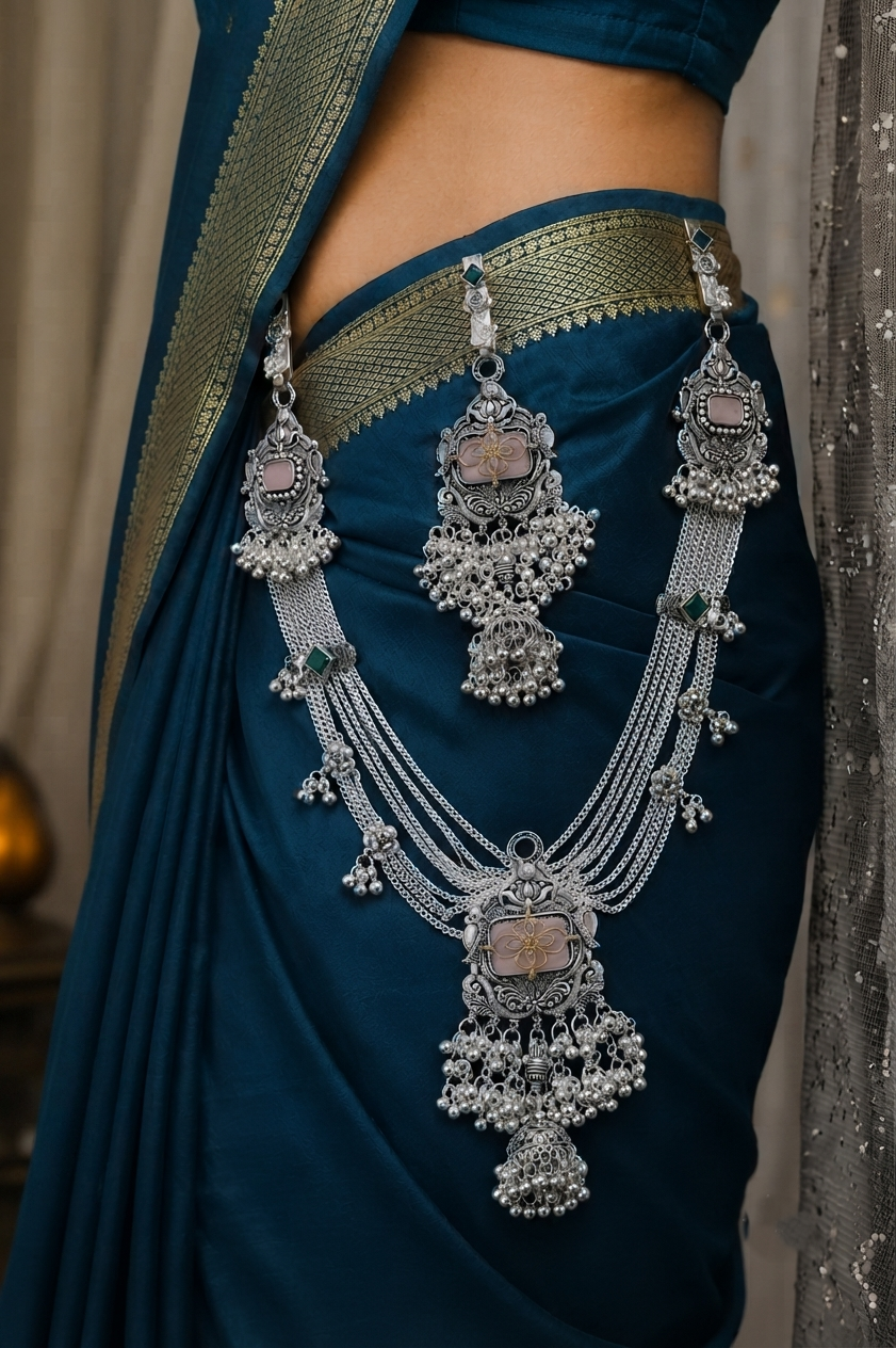 Premium Oxidised Silver Kamarbandh & Kamarchhalla Set with Pink Stone, Green Accents & Ghungroo Detailing