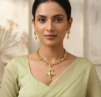 Traditional Gold-Plated CZ Necklace & Earring Set with Ruby Accents