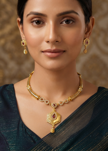 Royal Gold-Plated Kundan-Inspired Necklace & Earring Set with Red Stone Detailing