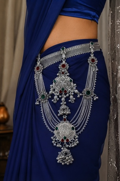 Traditional Silver Look Kamarbandh with Red & Green Stone Detailing