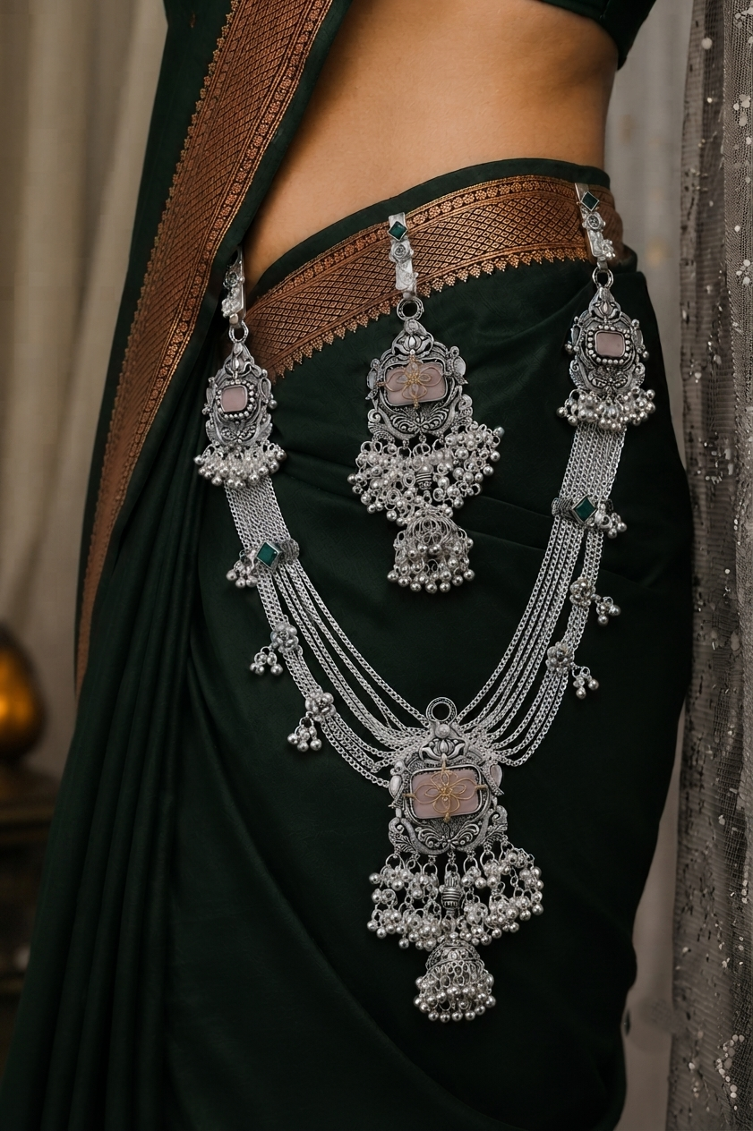 Premium Oxidised Silver Kamarbandh & Kamarchhalla Set with Pink Stone, Green Accents & Ghungroo Detailing
