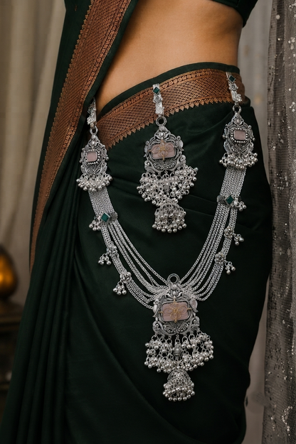 Premium Oxidised Silver Kamarbandh & Kamarchhalla Set with Pink Stone, Green Accents & Ghungroo Detailing