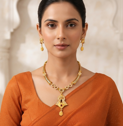 Traditional Gold-Plated CZ Necklace & Earring Set with Ruby Accents
