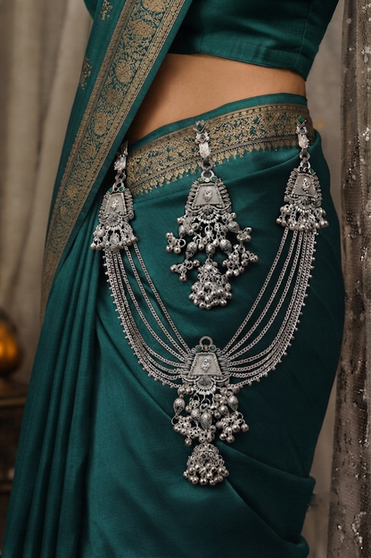 Traditional Oxidized Silver Kamarbandh with Green Stone & Antique Charms