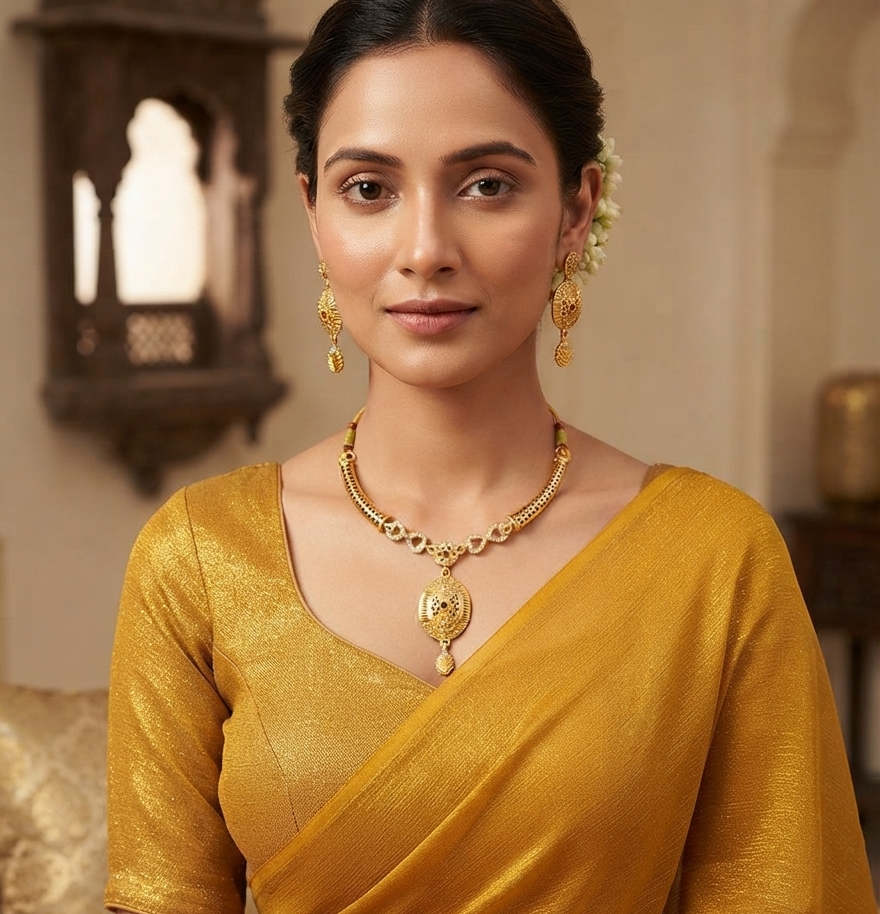 Royal Gold-Tone Necklace & Matching Earrings Set with Red Stone Detailing