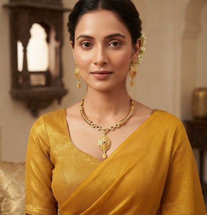 Royal Gold-Tone Necklace & Matching Earrings Set with Red Stone Detailing