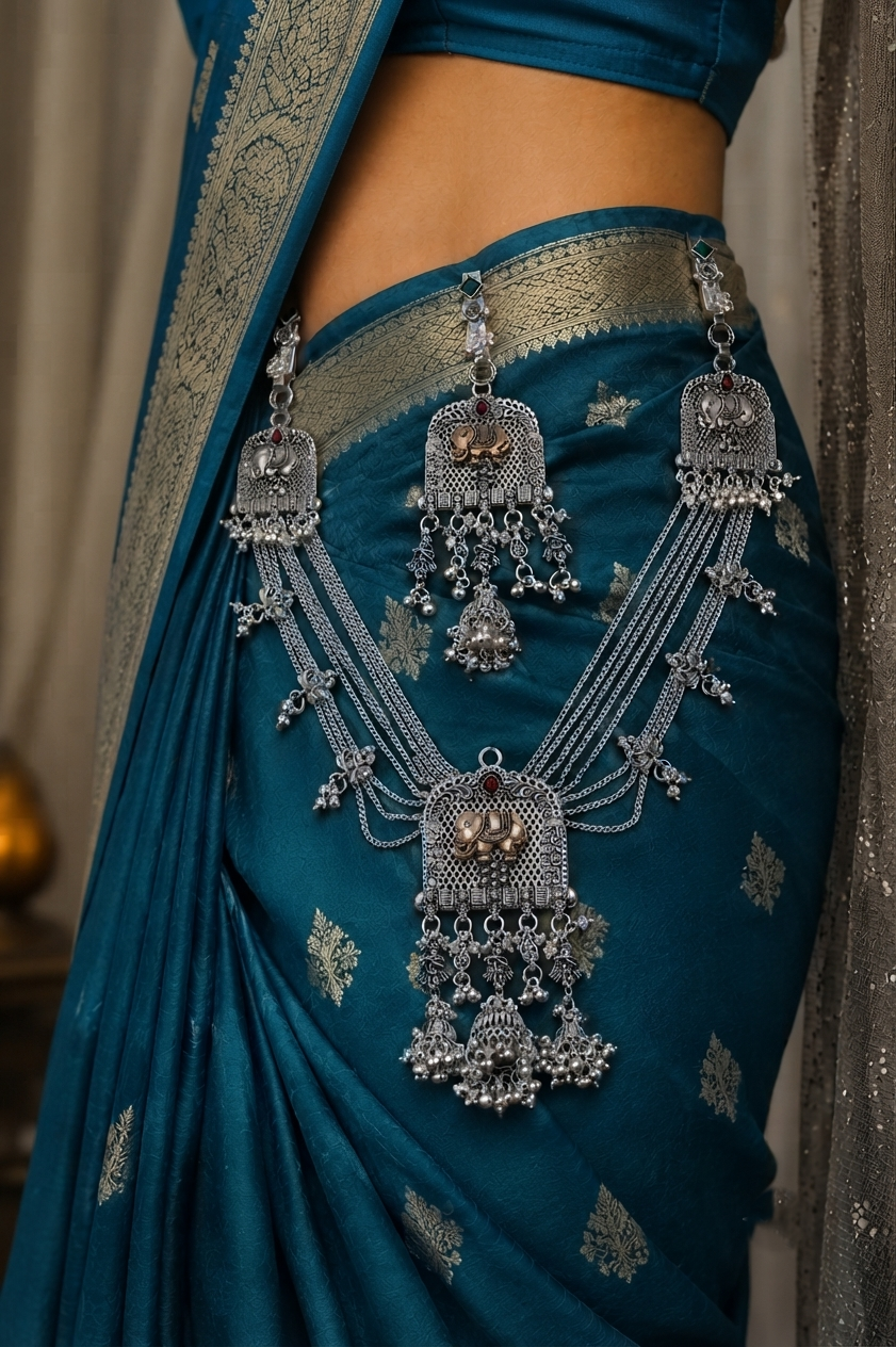 Royal Oxidised Silver Elephant Motif Kamarbandh – Traditional Bridal Waist Belt