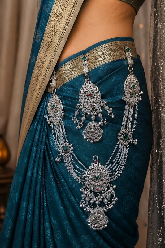 Traditional Oxidised Silver Designer Kamarbandh with Green & Red Stone Detailing