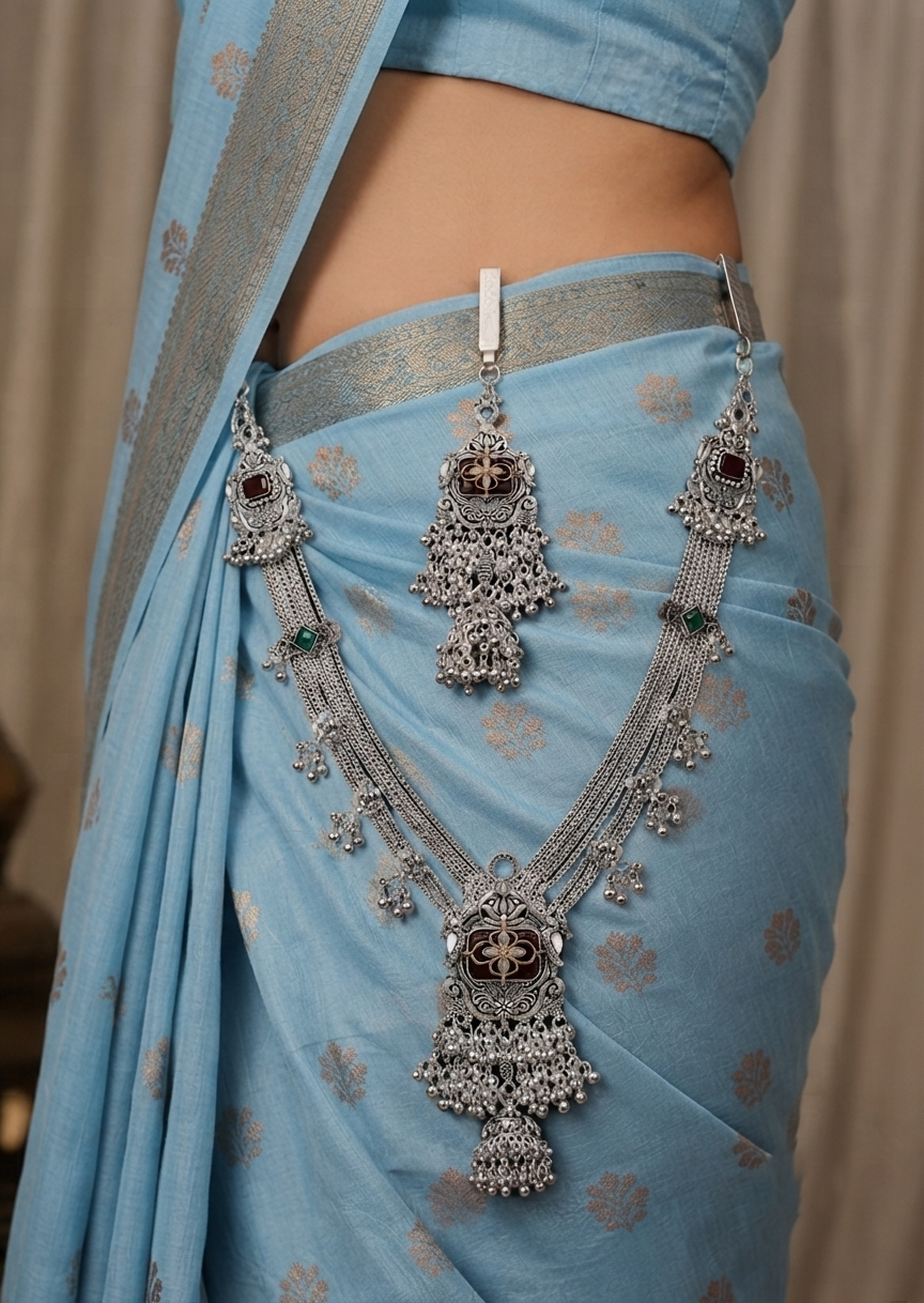 Traditional Oxidised Silver Kamarbandh & Kamarchhalla with Maroon-Green Stone Work
