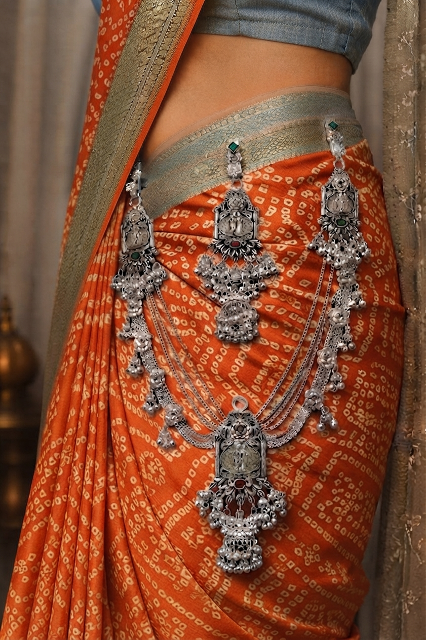 Exquisite Oxidized Silver Temple Waist Chain (Kamarbandh)