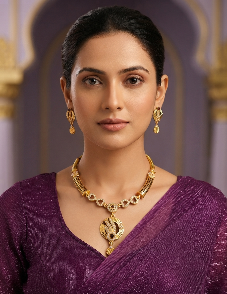 Elegant Gold-Plated CZ Necklace & Matching Earrings Set with Red Stone Accents