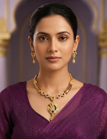 Elegant Gold-Plated CZ Necklace & Matching Earrings Set with Red Stone Accents