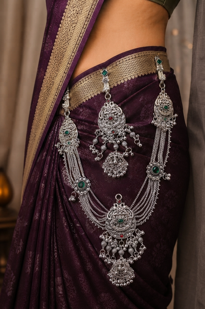 Traditional Oxidised Silver Designer Kamarbandh with Green & Red Stone Detailing