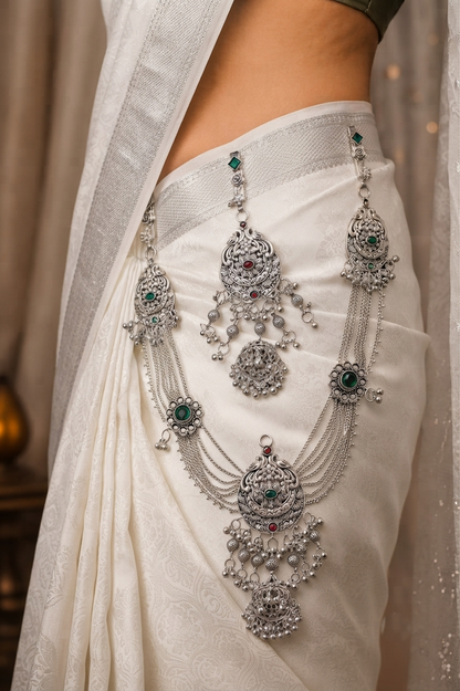 Traditional Oxidised Silver Designer Kamarbandh with Green & Red Stone Detailing