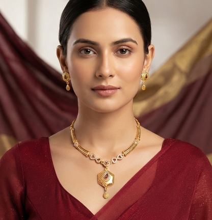 Royal Gold-Plated Kundan-Inspired Necklace & Earring Set with Red Stone Detailing