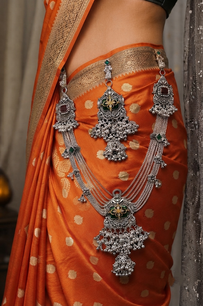 Oxidised Silver Floral Green Stone Multi-Layer Necklace Set with Matching Earrings