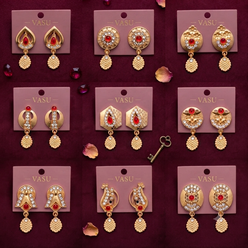 Designer Gold-Plated Red Stone & CZ Drop Earrings – 9 Pair Collection