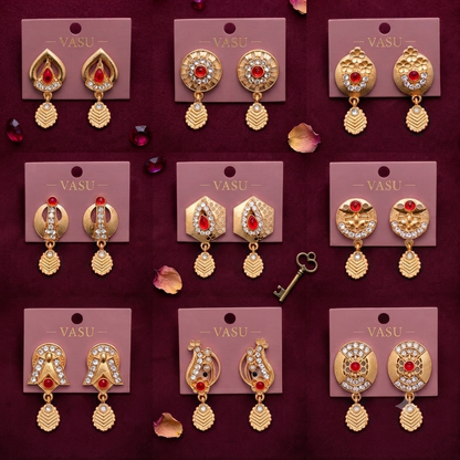 Designer Gold-Plated Red Stone & CZ Drop Earrings – 9 Pair Collection