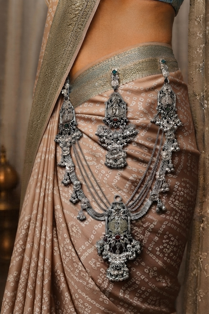 Exquisite Oxidized Silver Temple Waist Chain (Kamarbandh)