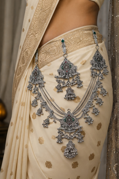 Traditional Oxidised Silver Multilayer Kamarbandh with Green & Red Stone Detailing