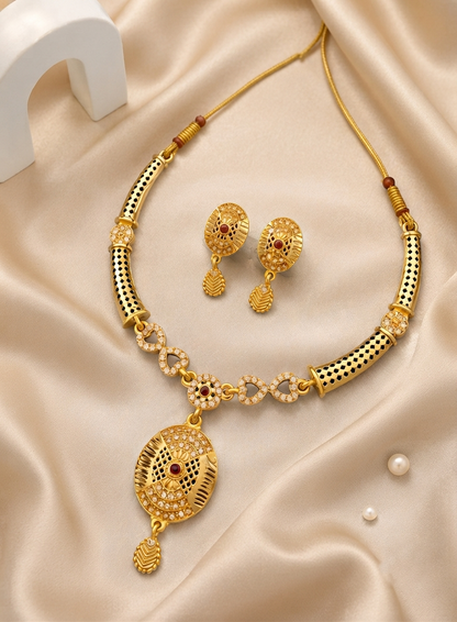 Royal Gold-Tone Necklace & Matching Earrings Set with Red Stone Detailing