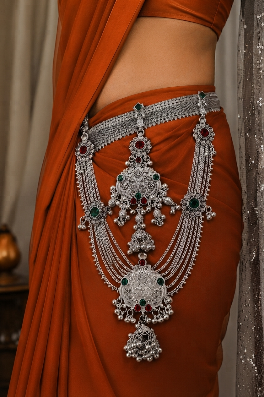 Traditional Silver Look Kamarbandh with Red & Green Stone Detailing