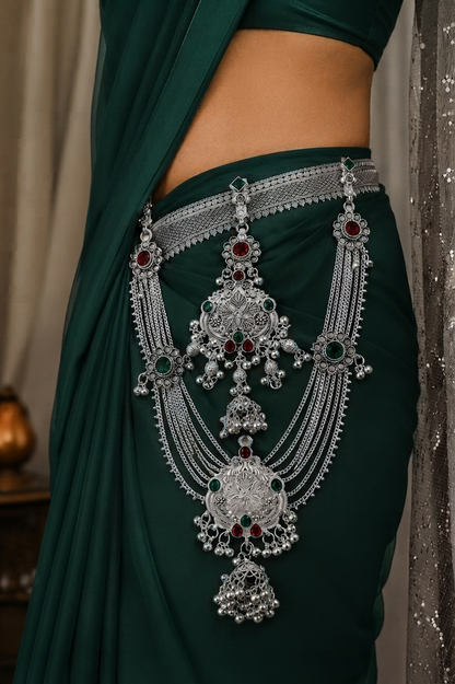 Traditional Silver Look Kamarbandh with Red & Green Stone Detailing