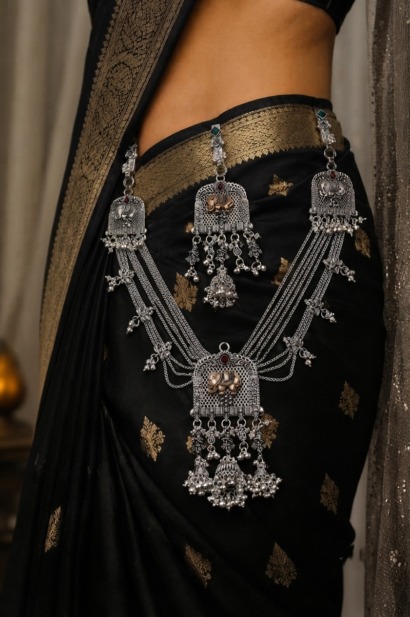 Royal Oxidised Silver Elephant Motif Kamarbandh – Traditional Bridal Waist Belt