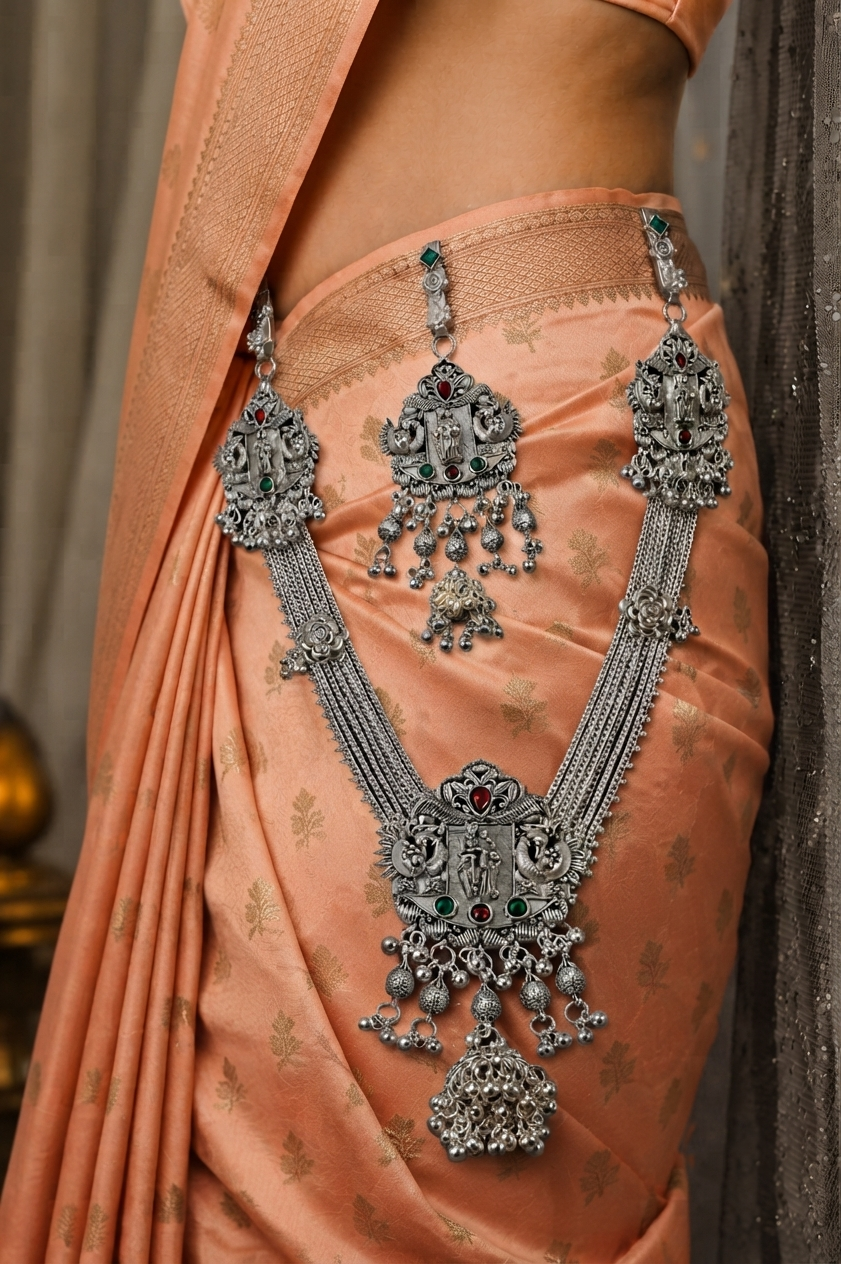 Oxidised Silver Temple Art Kamarbandh & Kamarchalla Set with Peacock and Goddess Motifs
